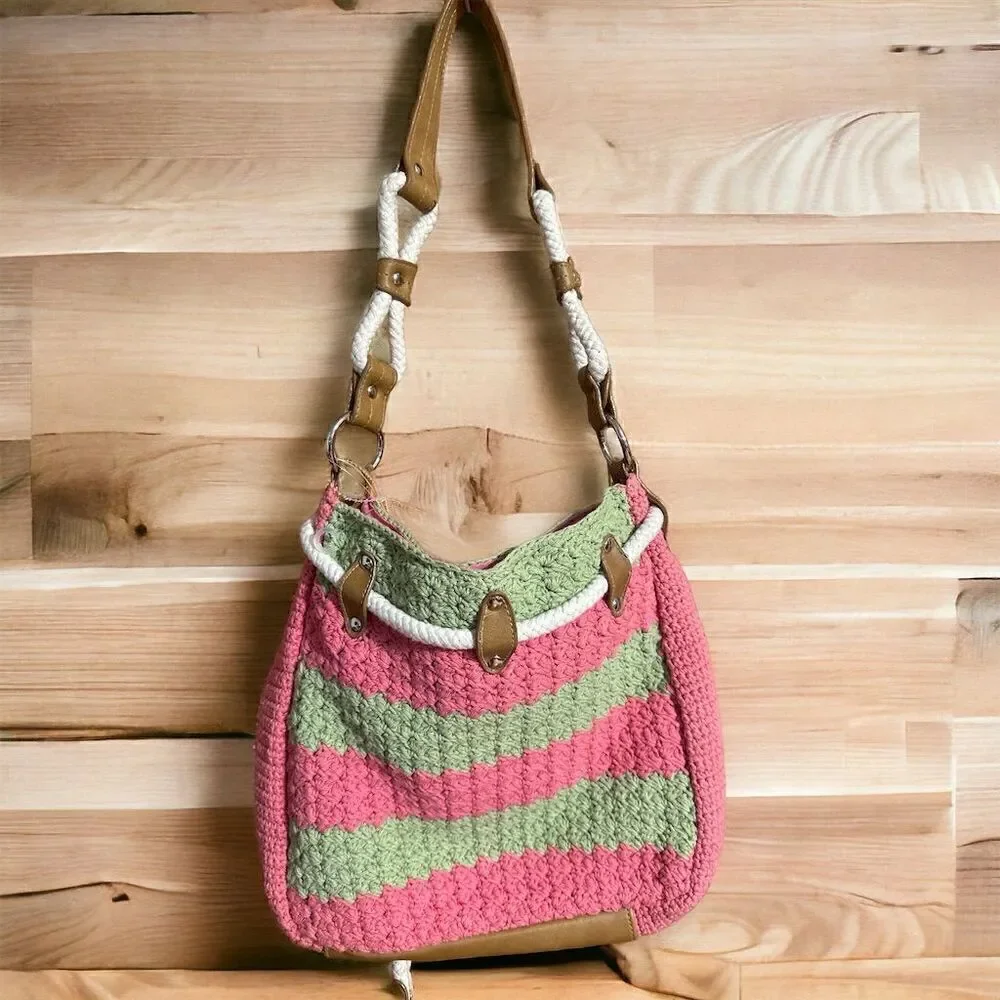 Frankie & Johnnie Pastel Pink Green Crochet Faux Leather Bucket Shoulder Bag